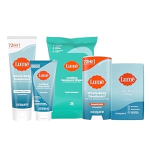 Lume Whole Body Deodorant Starter Pack – Smooth Solid Stick, Invisible Cream Tube, Acidified Body Wash Mini, Soap, Acidified Deodorant Wipes – Aluminum & Baking Soda Free Odor Control (Unscented)
