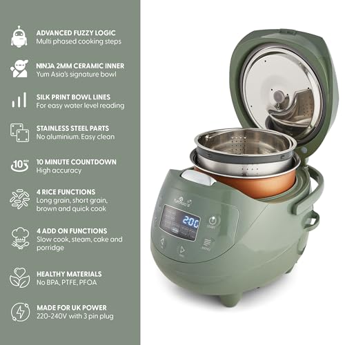 Yum Asia Panda Mini Rice Cooker - Ninja Ceramic Bowl with Advanced Fuzzy Logic (3.5 Cup, 0.63 Litre) 4 Rice and Multicooker Functions, LED Display, 220-240V (Sage Green) - Image 3