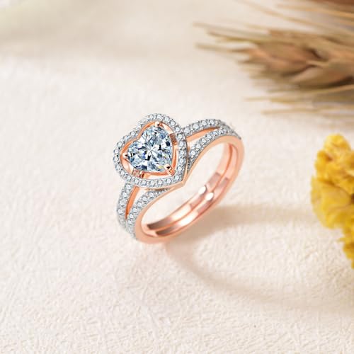 1CT Center Heart Cut Moissanite Wedding Ring Set for Women,18K Rose Gold Platinum Plated Stackable Bridal Sets 925 Sterling Silver Halo Moissanite Engagement Ring Sets Gift for Anniversary Wedding4