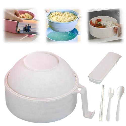 Image of BAUFIX Microwave Ramen Bowl with Lid, 2025 New Noodles Bowl Set with Chopsticks, Spoon, Fork - Portable Cooker for Dorm, Home, Office (White)