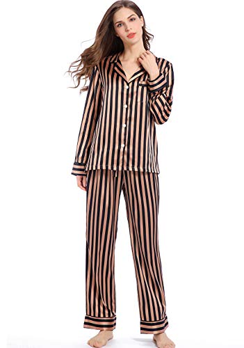 Image of Serenedelicacy Women's Satin Pajama Set Long Sleeve Button Down Sleepwear 2-Piece Silky Pj Set
