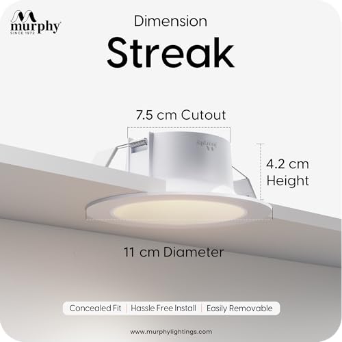 Image of Murphy 7W Streak LED Down Light WH+White Finish, Natural White Light, Round, Pack of 8, Recessed Ceiling LED Light, Suited for 3 inch Junction Box /Concealed Box (2 Years Warranty)