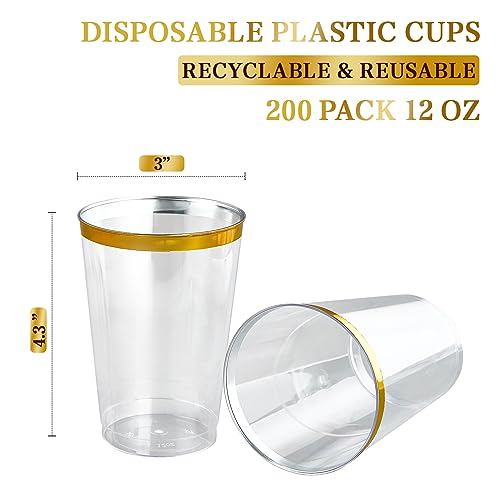 FOCUSLINE 200 Pack 12 oz Gold Rimmed Plastic Cups, Clear Plastic Cups Tumblers, Heavy-duty & Fancy Disposable Hard Cup 12 Ounce with Gold Rim for Wedding Cup Elegant Party Cups