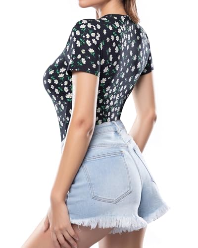 Image of MANGOPOP Women's Round Neck Short Sleeve Bodysuit T Shirts Basic Body Suit Tops