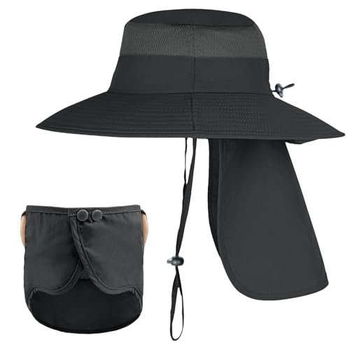 Image of Sun Hats for Men Women Fishing Hat UPF 50+ Breathable Wide Brim Bucket Hats Summer UV Protection Safari Hat with Neck Flap