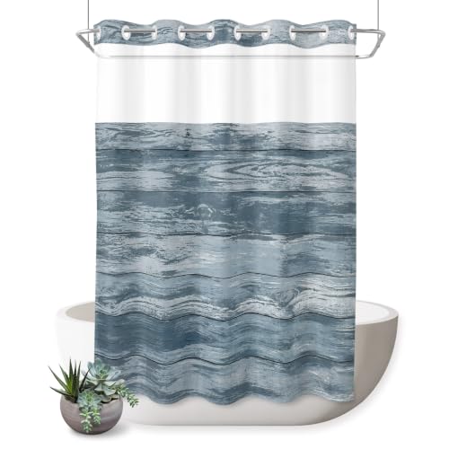 Litter Star No Hook Shower Curtain, Minimalist Country Wood Board Waterproof Shower Curtains See Through Top Window, Blue Striped Hotel Luxury Bathroom Curtain 60x72in