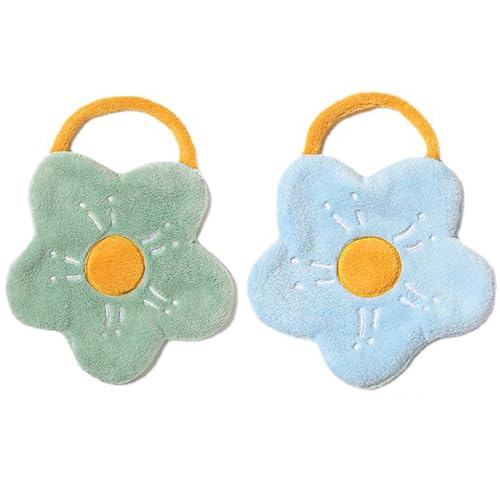 Image of House of Quirk Flower Shaped Hanging Towels Set of 2 | Soft Coral Fleece Kitchen & Bathroom Towels | Super Absorbent & Quick-Dry Decorative Cloths (Blue /Green)