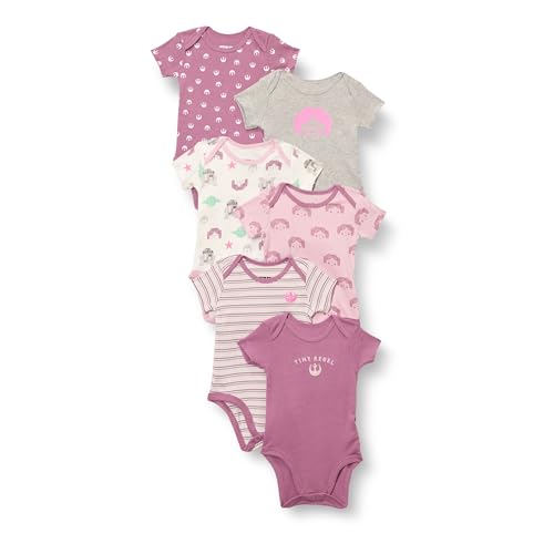 Image of Amazon Essentials Disney | Marvel | Star Wars | Princess Baby Girls' Short-Sleeve Bodysuits, Pack of 6
