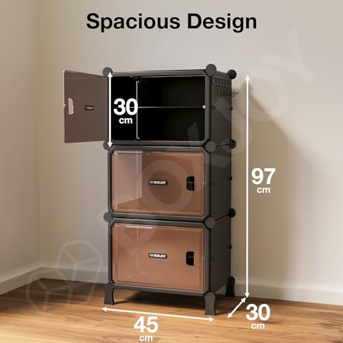 Image of BOXJOY 6 Shelf Black Shoe Rack for Home with 3 Brown Doors, Hard PET Plastic with Metal Door Frame, Shoe Chappal Slipper Sandals Stand