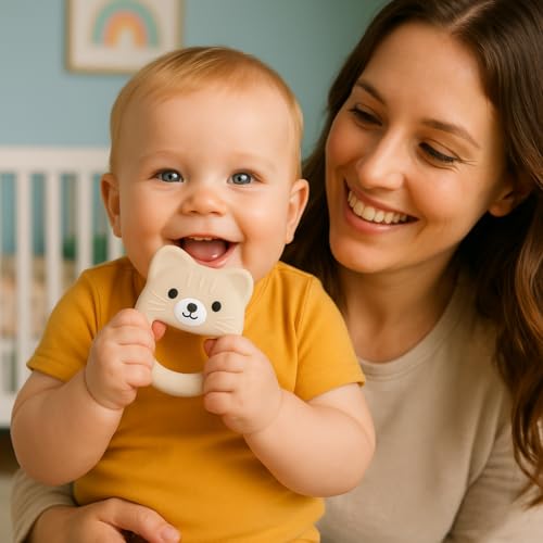 Image of Baby Teether, Safe Chew Toy for Infants, Soothing Relief for Teething Pain, Cute Animal Shape, Easy Grip for Tiny Hands (Beige Cat)