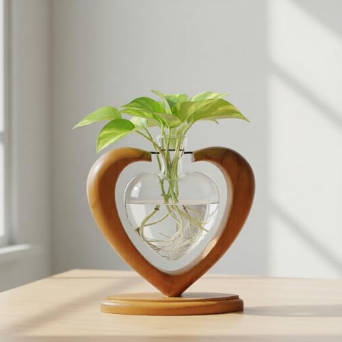 Joyathome Plant Propagation Station Heart Glass Vase Solid Wooden Stand