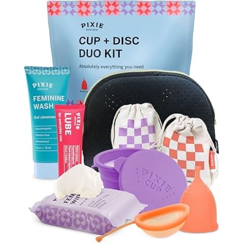 Pixie Menstrual Cup & Disc Duo Kit - Ranked 1 for Most Comfortable Reusable Period Cup & Disc - Buy One We Give One - with Ebook Guide, Flushable Wipes, Lube, Feminine Wash, Carry Cup & Storage Bag Cover