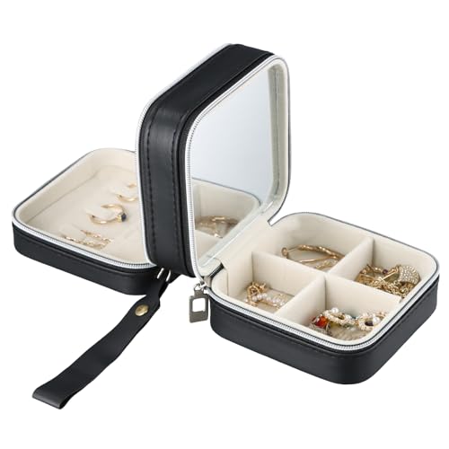 Daelesr Joyero Viaje con Espejo, PU Joyeros Mujer Organizador Impermeable, Portátil Joyero Viaje Caja Bicapa, Joyero de Viaje Pequeño para Anillos, Pendientes, Pulseras y Collares, Negro