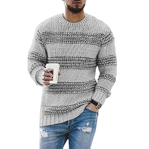 Mens Striped Patchwork Chunky Knit Wool Pullover Loose Baggy Crewneck for Casual Wear Knitted Jumper Top