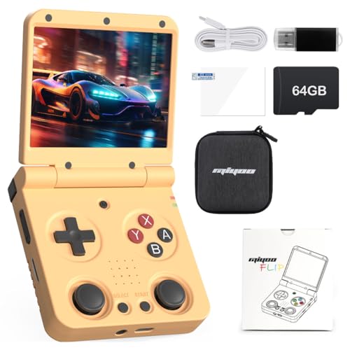 Miyoo Flip V2 Retro Game Console,3.5 Inch IPS Classic System and 3000mAh Battery Retro Video Games Consoles,with 64G TF Card and Wireless Networt Handheld Console Casual Game Console(Yellow)