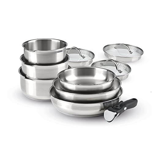 Maniglia rimovibile: la maniglia fissa può essere rimossa e rimessa in posizione senza sforzo semplicemente premendo un pulsante. Questo rende le padelle e le padelle perfette per il forno, microonde, frigorifero e lavastoviglie. Guadagna in posizione e praticità