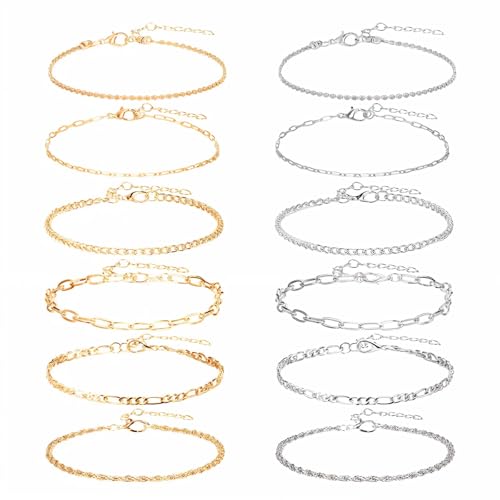 12pcs Gold/Silver Ankle Bracelets for Women Layered Waterproof 14k Cuban Link Chain Anklets Set Adjustable Dainty Summer Beach Gold Accessories Boho Bracelet Jewelry