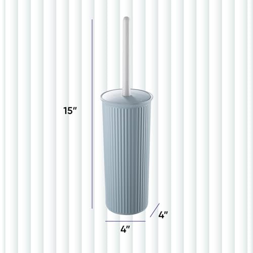Image of Superio Ribbed Collection Toilet Bowl Brush and Holder Set, Decorative Plastic Bathroom Toilet Brush with Holder, Toilet Cleaner Scrubber, Stone Blue - 2 Pack