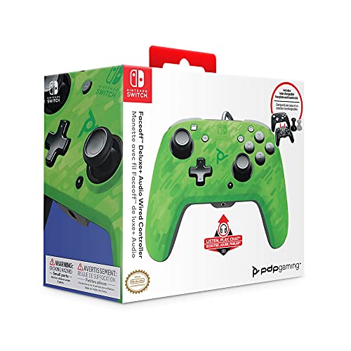 Pdp Gaming Faceoff deluxe+ Filaire Switch Pro Manette - Vert Camo - Licence Officiel By Nintendo - Customizable Buttons And Paddles - Ergonomic Manettes