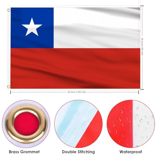 Image of AhfuLife Chile Flag 3x5 Ft, Large Chilean National Flags for Outside - Double Side with Brass Eyelets for Chilean Party Decorations, Soccer Party Bar Garden Decoration Indoor Outdoor