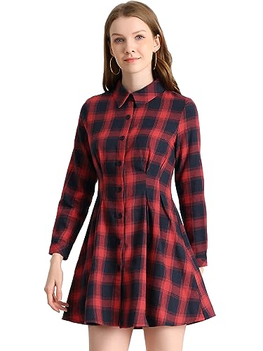 Allegra K Damen-Hemdkleid mit weihnachtlichem Schottenkaro, hohe Taille, A-Linie, Knopfleiste, Flanell, ausgestelltes Hemdkleid, Rot/Ausflug,...