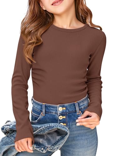 Image of Haloumoning Girls Long Sleeve Shirts Crewneck Ruched Side Slim Fit Tops Ribbed Knit Casual Tee Shirt 4-15 Years