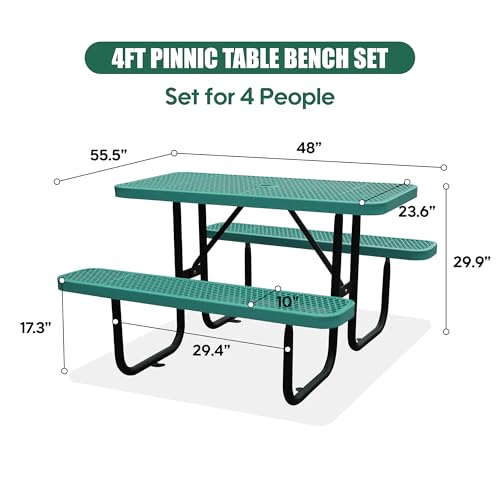4FT Outdoor Picnic Tables,Heavy-Duty Metal Rectangular Picnic Table,Expanded Metal Commercial-Grade Table with 2 Benches & Umbrella Hole,Waterproof Coating Beach Table for Patio,Garden, Backyard