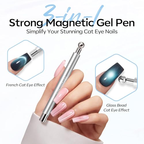 Image of modelones Cat Eye Magnet Set, 5PCS 3-in-1 Dual-Head Nail Magnet Pen with Heart, Lightning & Ball Shapes for Cateye Gel Polish, Side Light Wide Light Glass Glow Effects, DIY Nail Art Tool