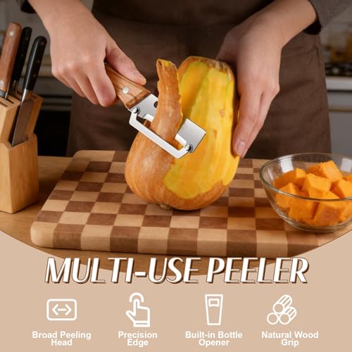 Image of 2026 Upgrade Vegetable Peeler With Wooden Handle, Stainless Steel Wide Blade Potato and Carrot Peeler, 2-in-1 Veggie Peeler With Bottle Opener for Kitchen, Camping and Travel (2PCS)