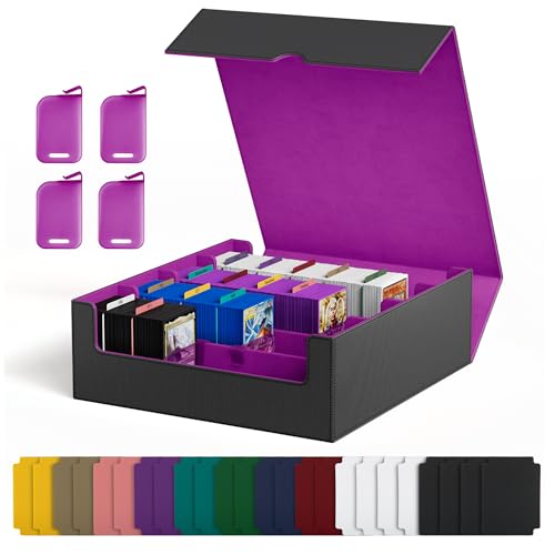Image of UAONO Trading Card Storage Box, Holds 2400 Sleeved Cards with 24 Dividers & 4 Stoppers, Magnetic Closure PU Leather Card Case for MTG, PTCG, YGO, Sports Cards (Black&Purple)
