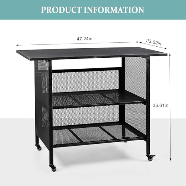 Industrial Kitchen Serving Cart, 3-Tier Metal Storage Trolley, 47.3 x 19.7 x 36.6 inches, Black with Wheels-Z9cTRaGm