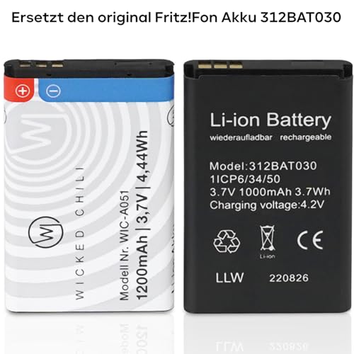 Wicked Chili 2X Akku kompatibel mit AVM Fritz!Fon X6 / Fritzfon Telefon Zusatzakku, Extended Ersatz-Akku, Batterie für original AVM Fritz Fon 312BAT030 (1200 mAh Li-Ion)