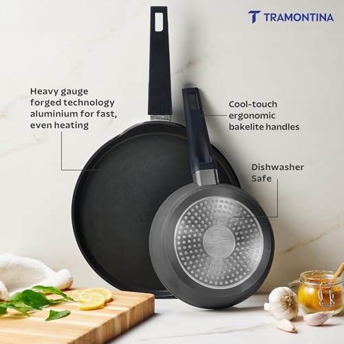 Image of TRAMONTINA Chroma Cookware Set of 2 - Fry Pan 20 cm & Dosa Tawa 28 cm | Ceramic Reinforced Cookware | Cold Forged | Bakelite Handle | All Cooktop Compatible | Dishwasher Safe Grey