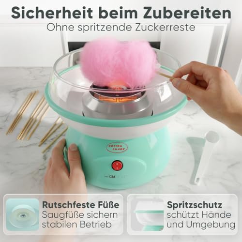 Clatronic® Zuckerwattemaschine | für Zuckerwatte in wenigen Minuten | inkl. Messlöffel und 10 Holzstäbchen | Spritzschutz | Zuckerwatte Maschine 500W | Cotton Candy Machine | ZWM 3478 mint