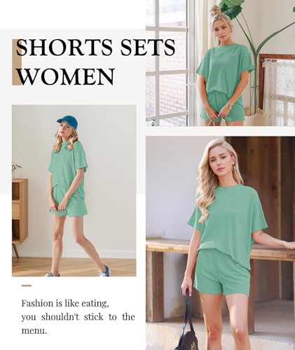 Image of MARZXIN Women 2 Piece Shorts Set 2026 Casual Summer Cruise Outfits Ribbed Loose Short Sleeve Pocket Matching Lounge Sets
