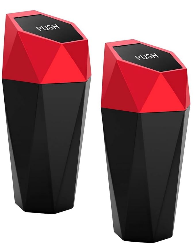 Image of Ginsco 2 Pack Car Trash Can with Lid, Cup Holder Garbage Can for Car, Garbage Bin Cars Accessories for Interior, Leakproof Small Trash Bin, Mini Trash Can for Cars, Home, Bedroom, Office (Red)