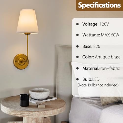 Image of Hardwired Wall Sconce Set of 2 with Flared Shape White Textile Shade Curved Arm and Antique Brass Finish Metal Base,Perfect for Bedroom Living Room Bathroom Vanity Area