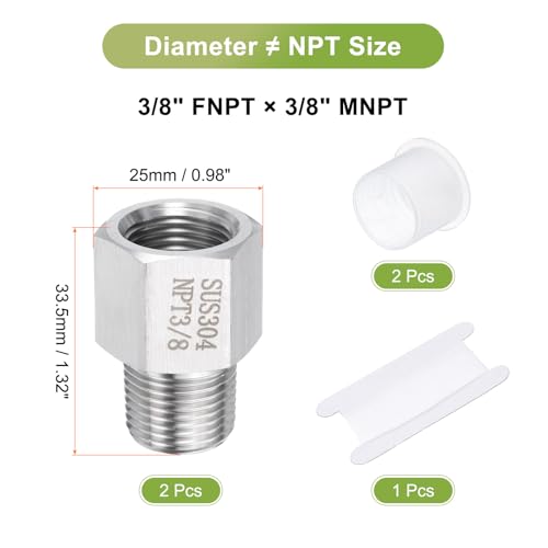 Image of uxcell 2 Pcs Pipe Fittings Reducer Adapter 3 /8 inch NPT Male Pipe x 3 /8 inch NPT Female Pipe Stainless Steel Adapter Pressure Gauge Connector for Oil Air Gas Hydraulic Systems