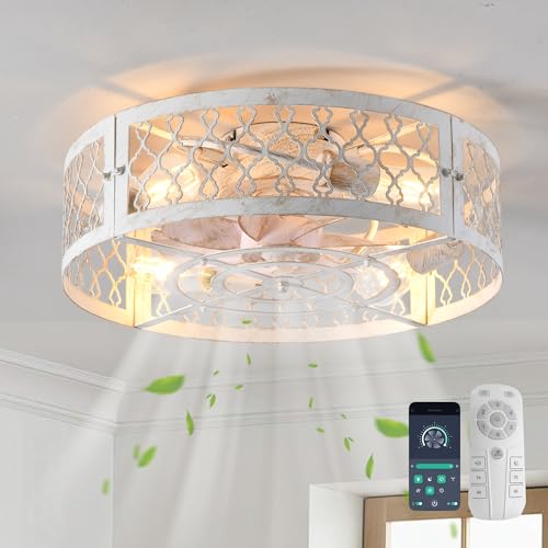 Ganeed Ventiladores de Techo con Luces Ventilador de Techo de Estilo Industrial 50cm Iluminación Metálica Enjaulada E27 Empotrado con Mando a Distancia Blanco 4 Luces