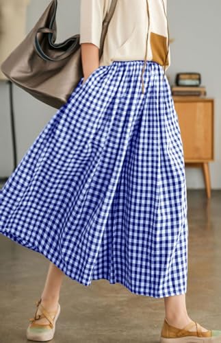 Image of chouyatou Women's Cotton Linen Pants Elastic Waist Plaid Gingham Wide Leg Capri Palazzo Pants
