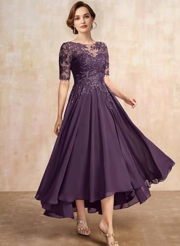 Image of Mother of The Bride Dresses Short Sleeve Lace Appliques Chiffon Formal Evening Dresses for Women IMR040