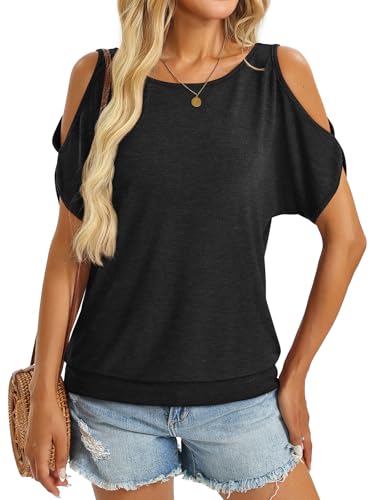 Womens Cold Shoulder Tops Banded Bottom Boat Neck T Shirts Summer Sexy Casual Loose Fit Clothes 20252