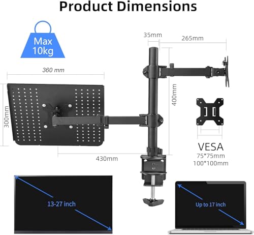 Suptek Monitor and Laptop Mount Holds 13-32 inch Computer Screen,Adjustable Monitor Arm Stand with Laptop Tray for 13-27 inch,Hold 22 lbs, with Clamp and Grommet Mounting Base by suptek - Image 7