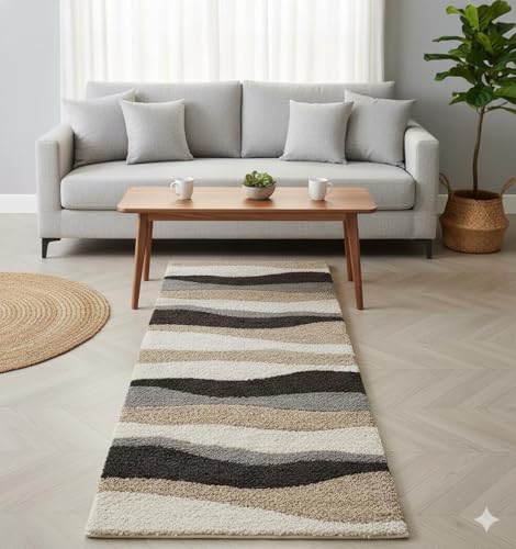 Image of Shaggy Floor Carpet for Living Room, Soft & Fluffy Bedside Runner Rug for Bedroom, Hall, Sofa Area, Elegant Modern Floor Carpet - 2x6 Feet 3D Beige Waves
