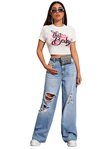 Sweatyrocks Women's Casual Loose Ripped Denim Pants Distressed Wide Leg Jeans Light Blue Xs #TOP4