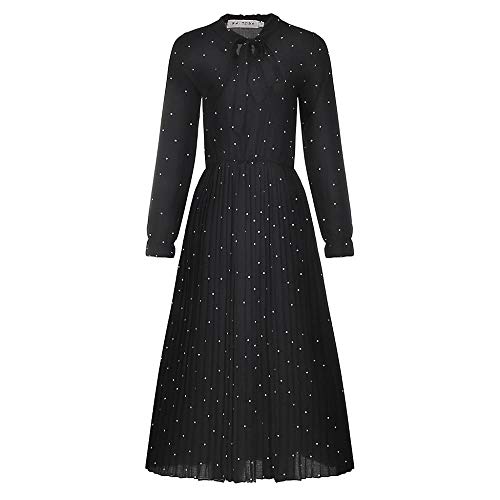 Neckholder-Kleid Rundhalsausschnitt Langarm Schwarz Chiffon Dot Loose Bohemian Black Plissee Strandkleid-Black_M