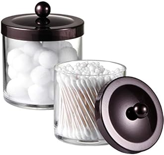 SheeChung 2-Pack Plastic Apothecary Jars with Bronze Metal Lids-25oz & 15oz Clear Acrylic Qtip Holder Set- Shatterproof Bathroom Vanity Organizer for Cotton Balls, Swabs-Modern Farmhouse Rustic Decor