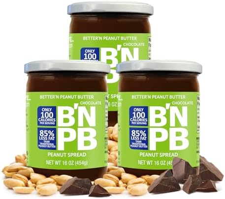 Low Fat Chocolate Peanut Butter Spread by Better’n Peanut Butter, Creamy Low-Calorie Peanut Spread with No Saturated Fat, Gluten Free, Dairy Free, Non GMO, Kosher, Pack of 3, 16 oz. Glass Jars