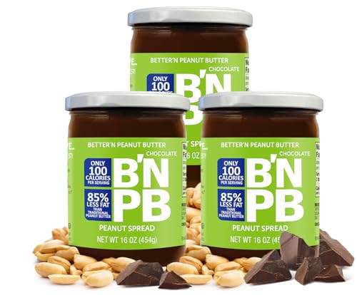 Low Fat Chocolate Peanut Butter Spread by Better’n Peanut Butter, Creamy Low-Calorie Peanut Spread with No Saturated Fat, Gluten Free, Dairy Free, Non GMO, Kosher, Pack of 3, 16 oz. Glass Jars