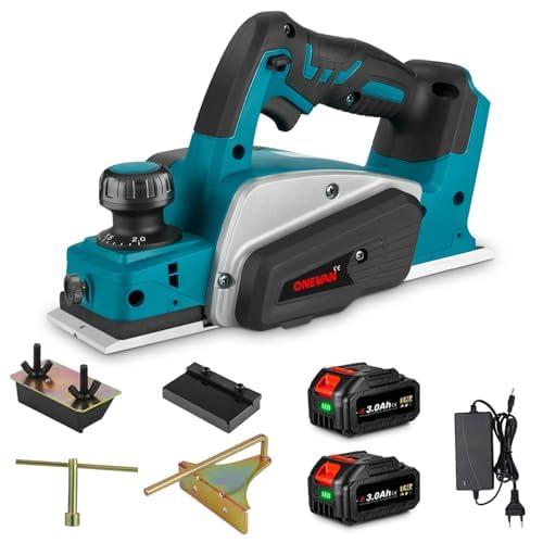 ONEVAN Cepilladora eléctrica inalámbrica con motor sin escobillas, 2 baterías de 3,0 Ah, profundidad de cepillado de 2 mm, ajuste preciso, portátil y potente: carpintería para aficionados al bricolaje